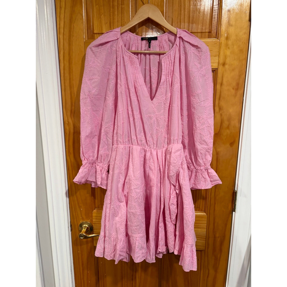 Womens Maje Rybiza Belted Long Sleeve Pink Boho Romantic Ruffled Mini Dress